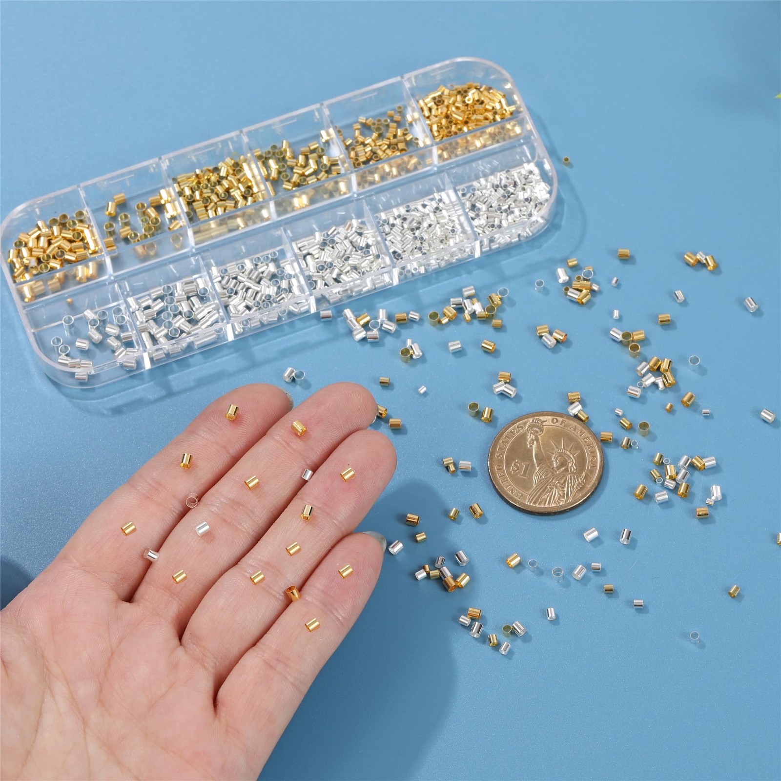 Hudinsun 1050 Pcs Silver and Gold Crimp 1.5mm 2mm 2.5mm, silver gold