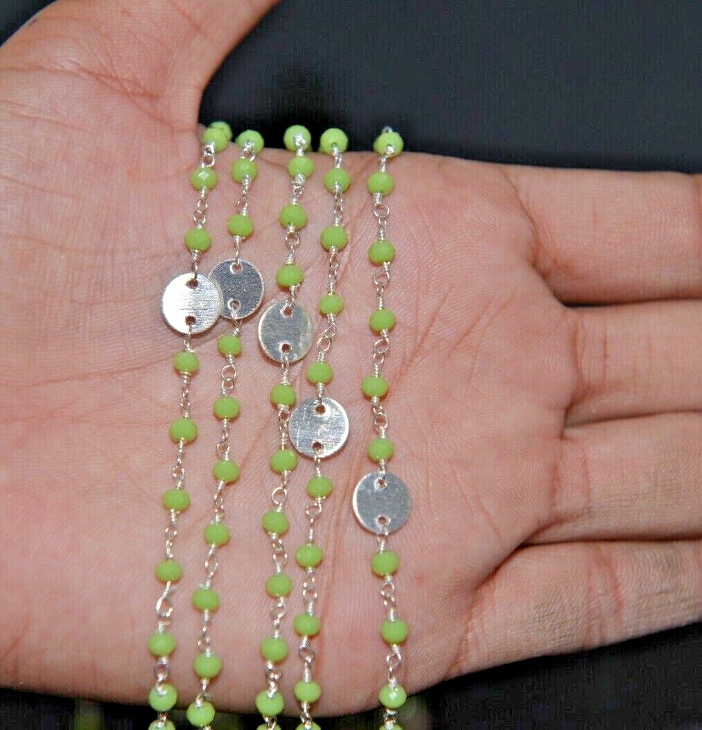 bulk roll jewelry making chain, 3mm peridot beads rosary, silver plated chain