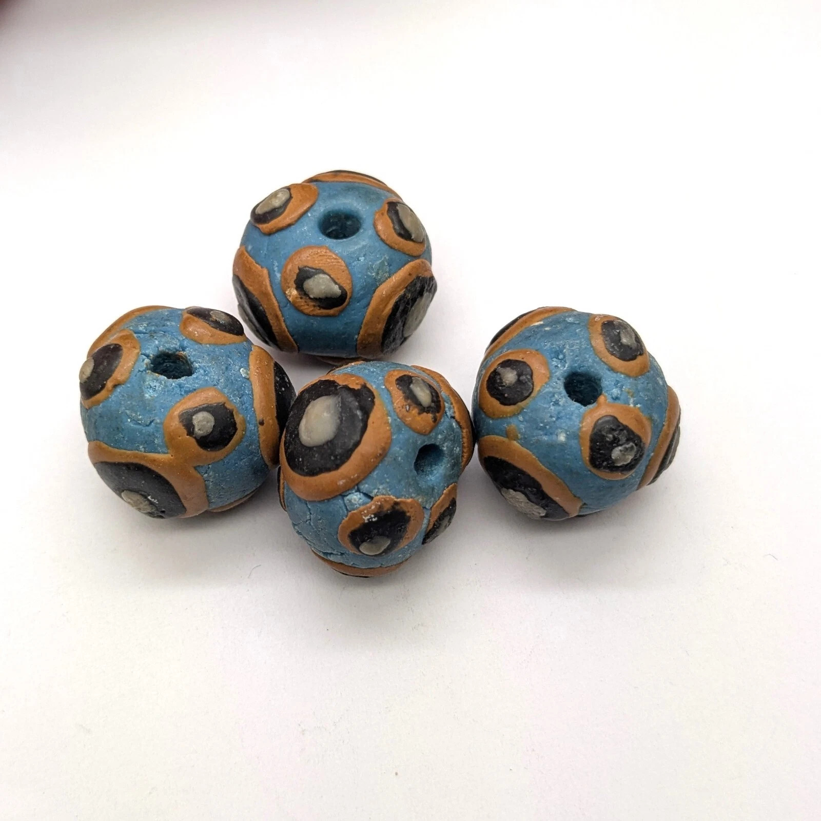 4 Clay Beads Chunky Artisan Made Blue with Circles (18192)
