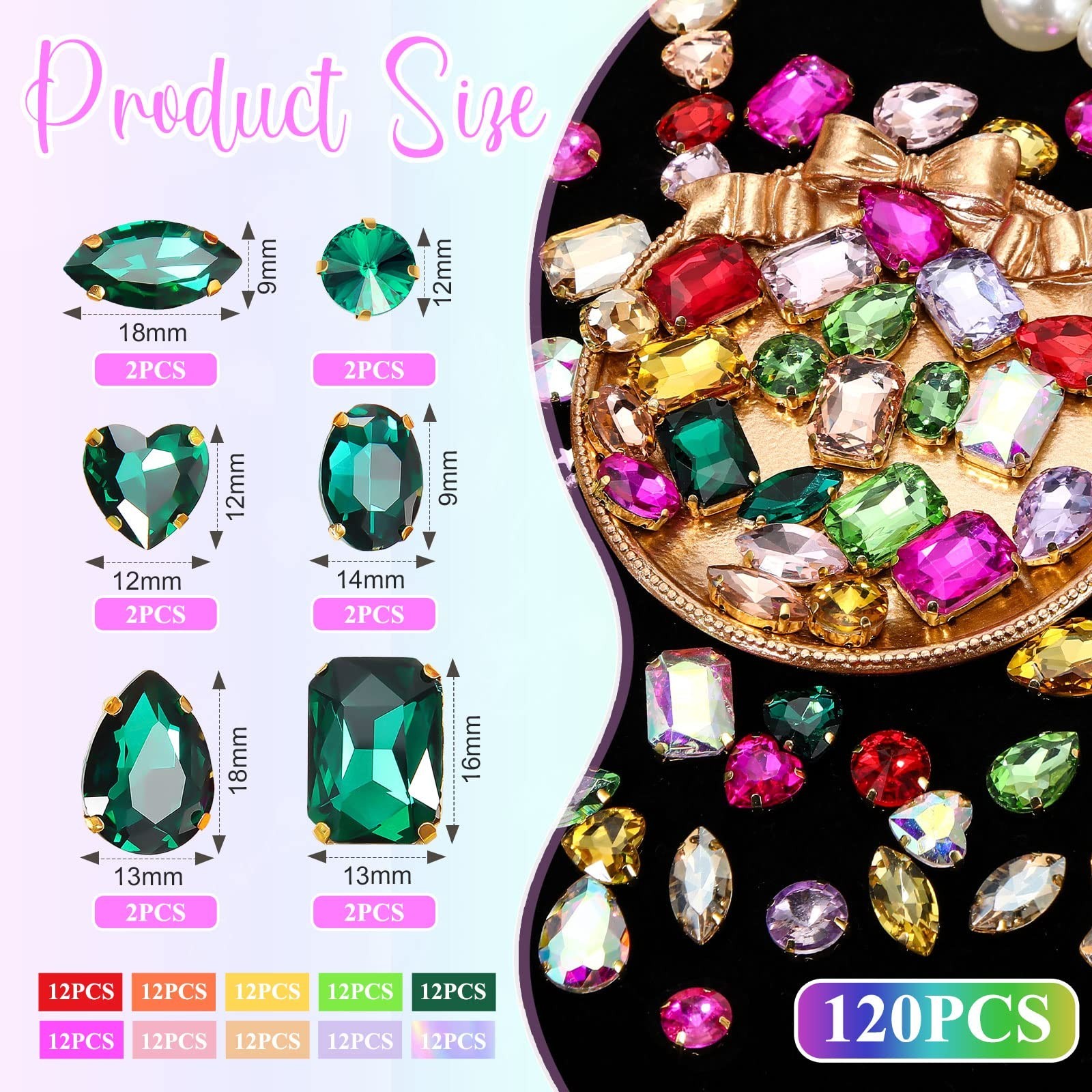 120 Pcs Sew-On Rhinestones for Clothes, 10-18mm Crystal Gems, DIY Jewelry Crafts