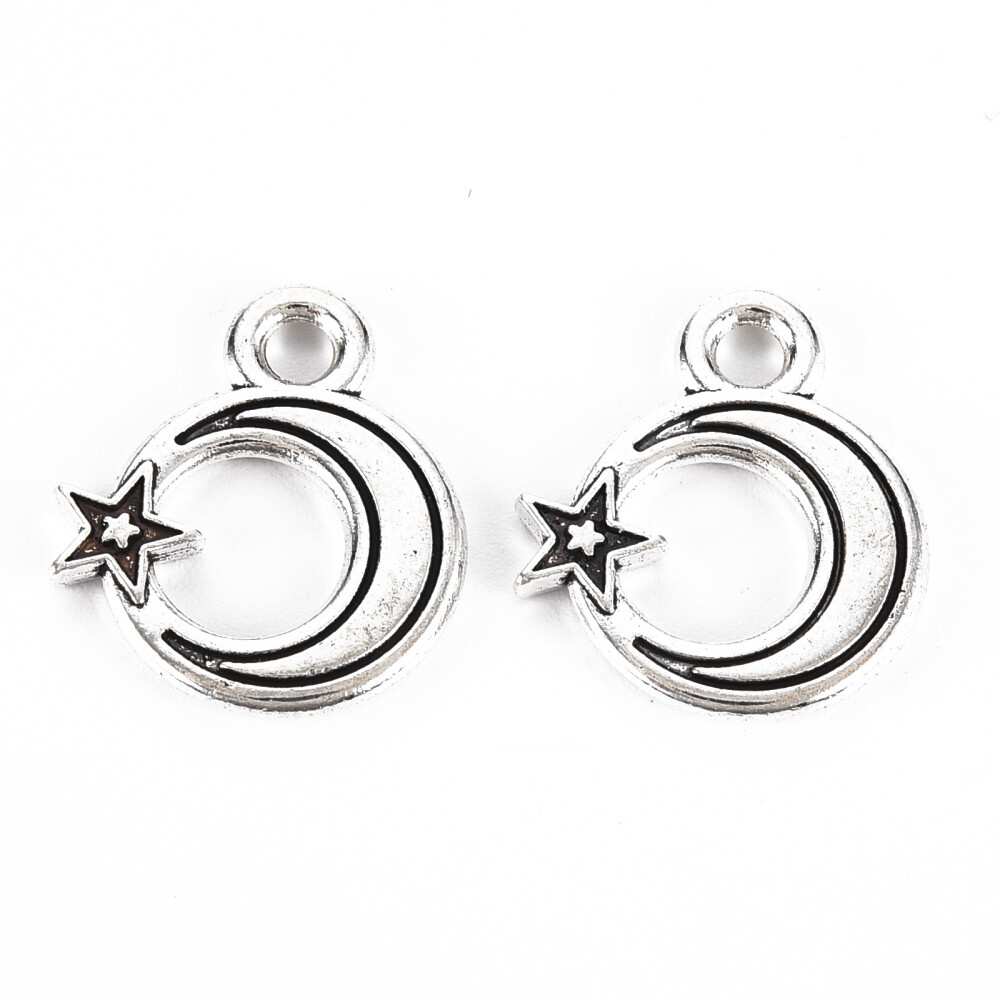 10 Moon and Star Pendants Antiqued Silver Celestial Sky Charms 17mm
