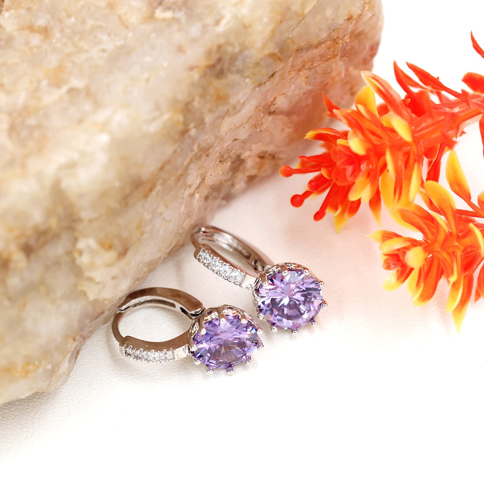Platinum Plated Round CZ Lever Back Earrings Purple Crystal Birthstone Earrings