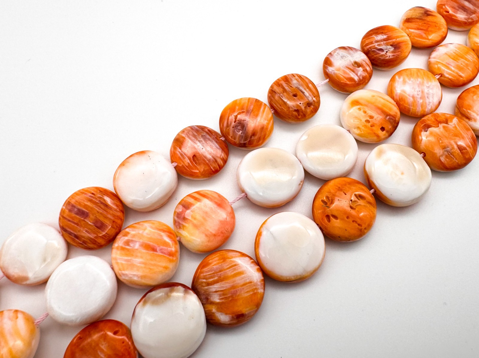 Natural Orange White Spiny Oyster Shell Flat Round Coin Gemstone Beads SO1