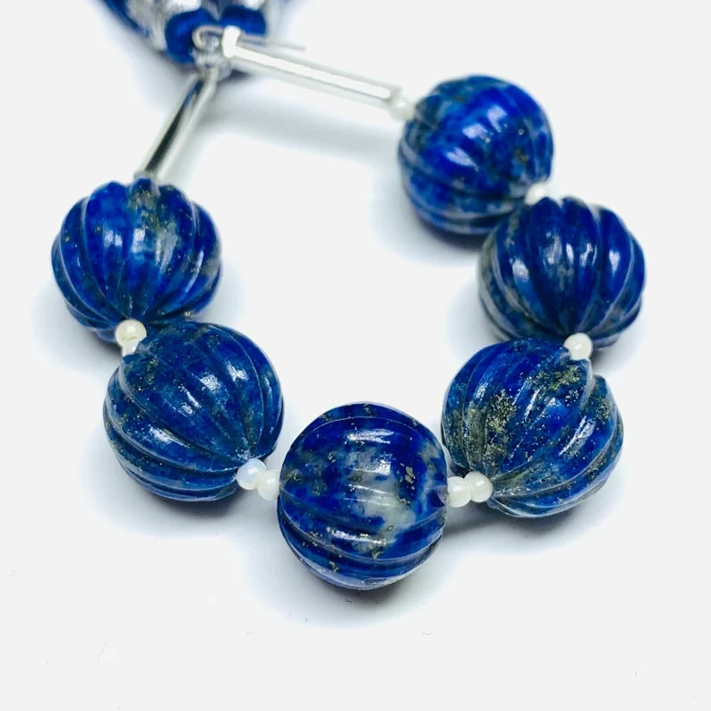 5 Pcs 100% Natural Lapis Lazuli Carved Melon Shape Beads Strand,, 12 mm