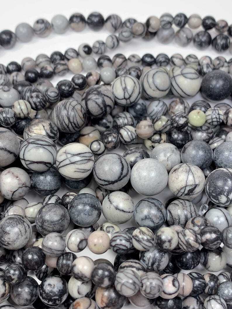Natural Black Spider Web Stripes Jasper Smooth Round Beads 15.5″ Strand Gemstone