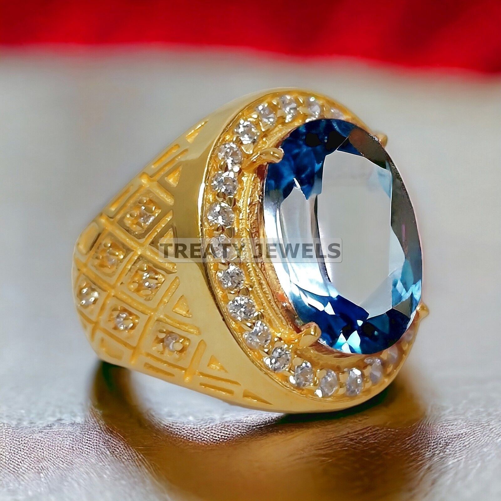 Aquamarine Oval Cut With 14k Yellow Gold Ring For Men’s #192 #