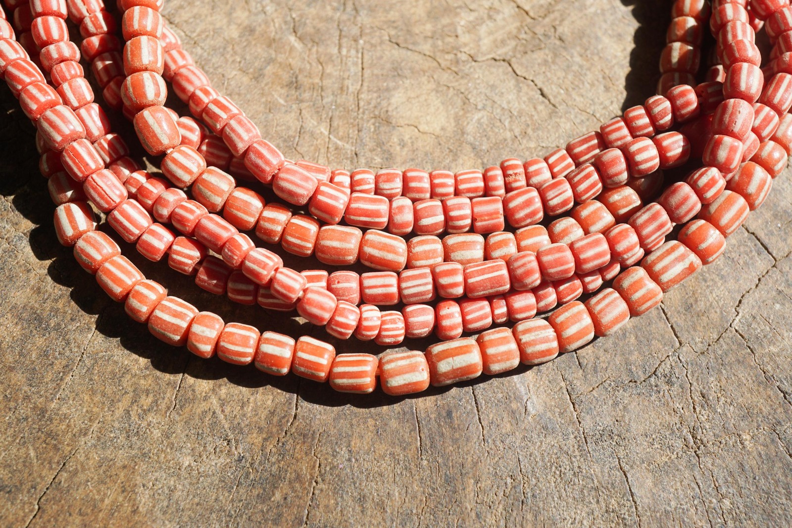 Artisan Made Java Glass Beads: Orange Red with White Stripes (5-6mm), 2898A378