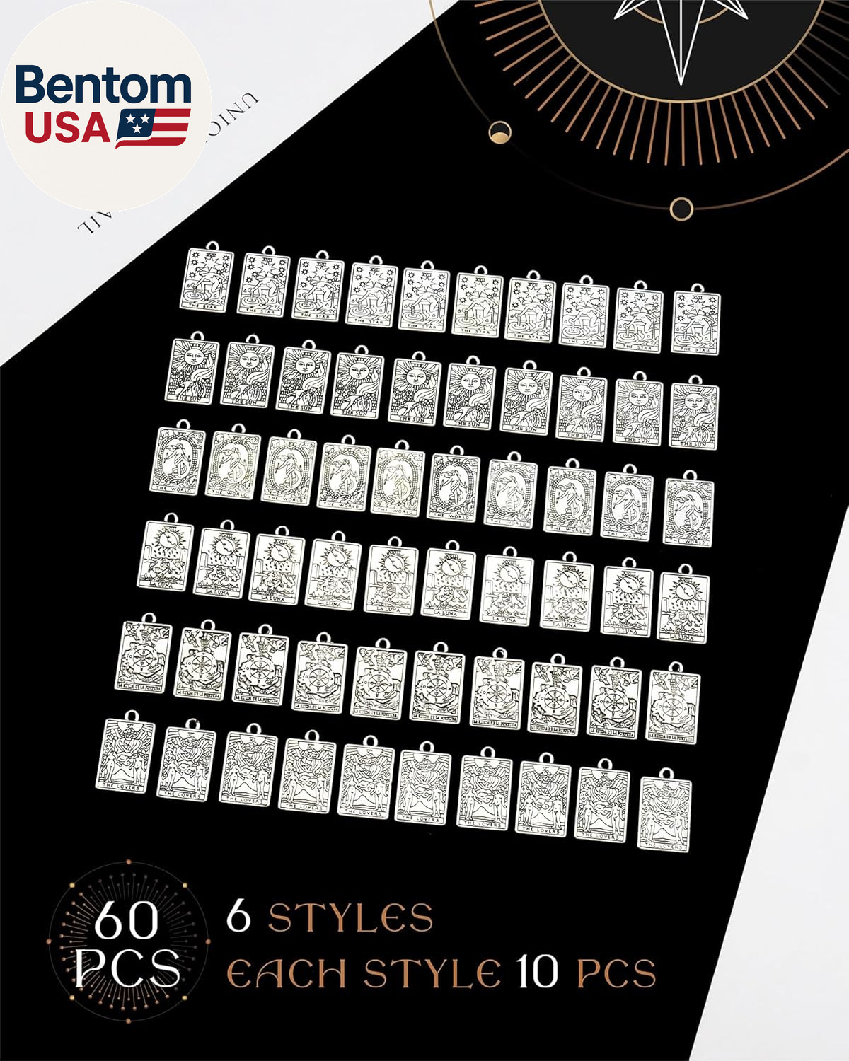 60 Pcs 6 Styles Tibetan Tarot Charms, Rectangle Amulet Sun Charms, Vintage Magic