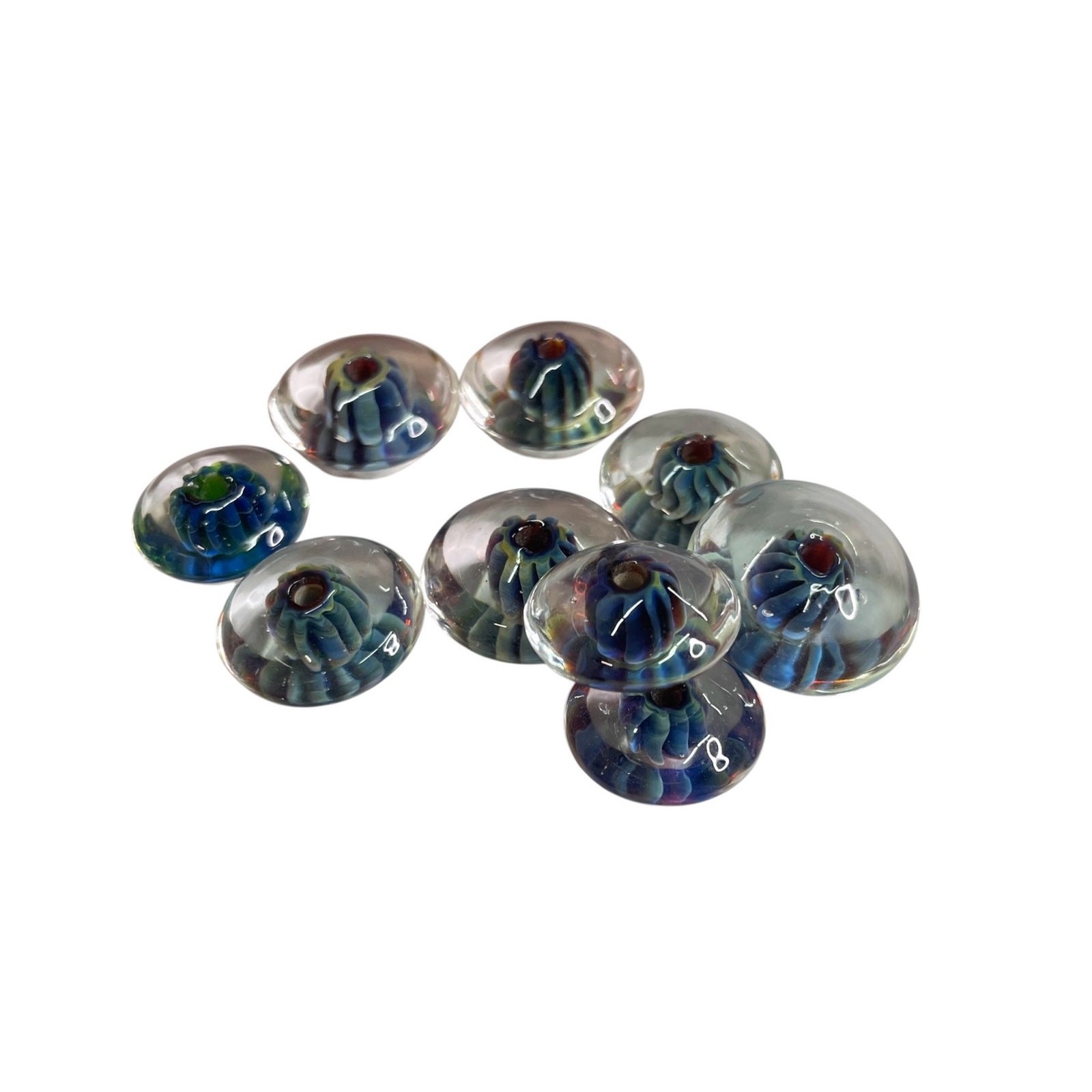 Handmade Lampwork Clear with Blue Swirl 9 Glass Disc Bead Set for Jewelry Making