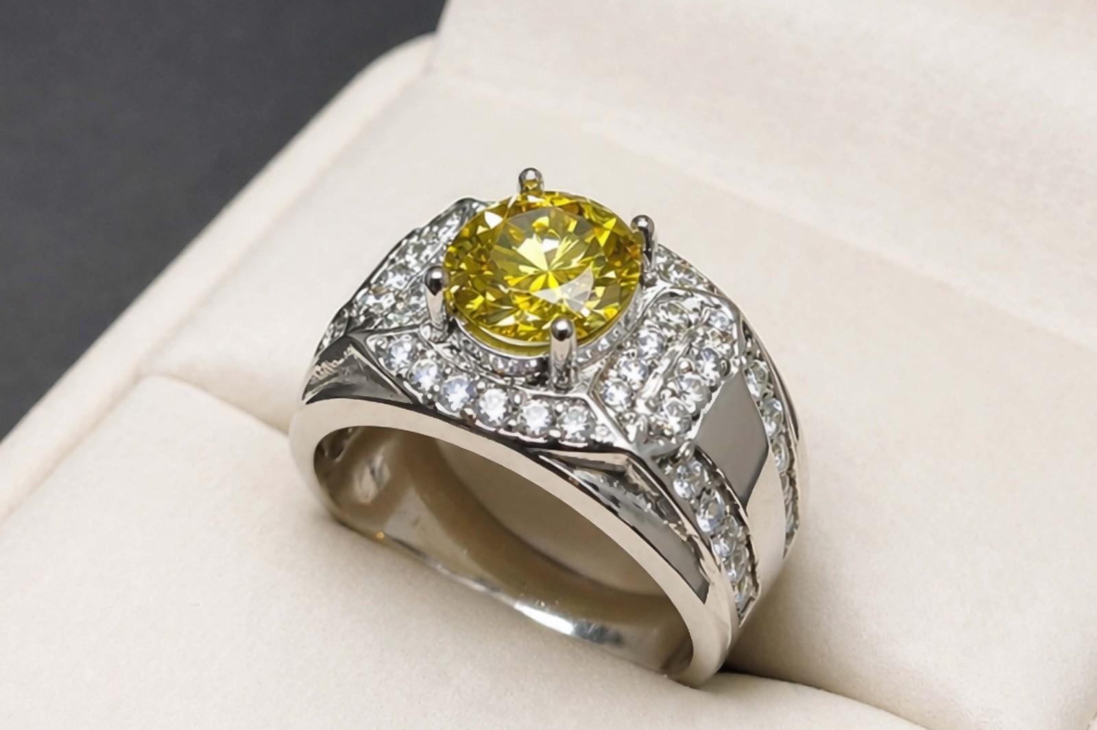 2 Carat Yellow Moissanite Diamond 925 Silver Handmade Women Elegant Channel Ring