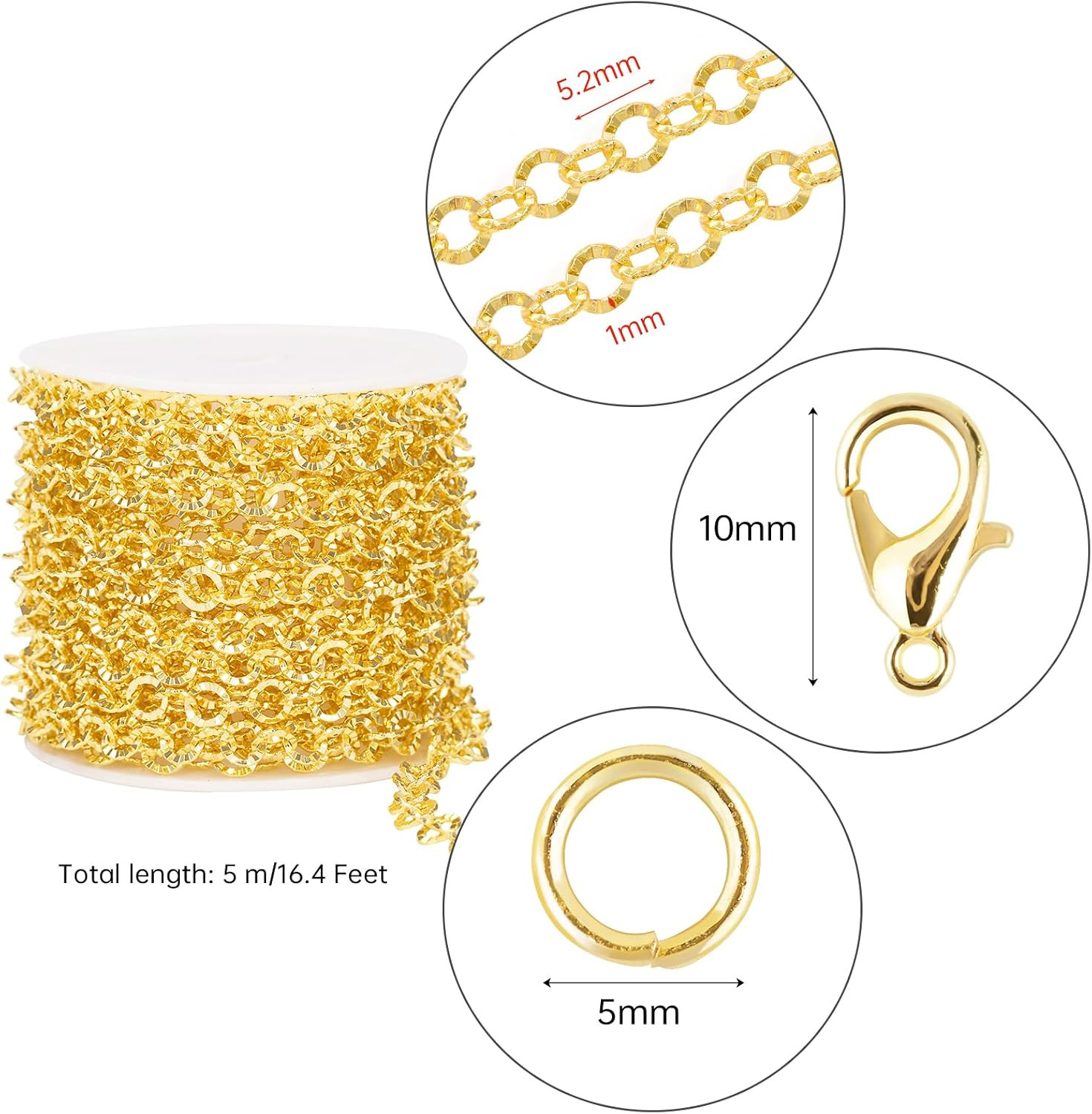 16.4 Feet Gold Jewelry Making Chains Bulk on Spool Circle Chain Links for Women