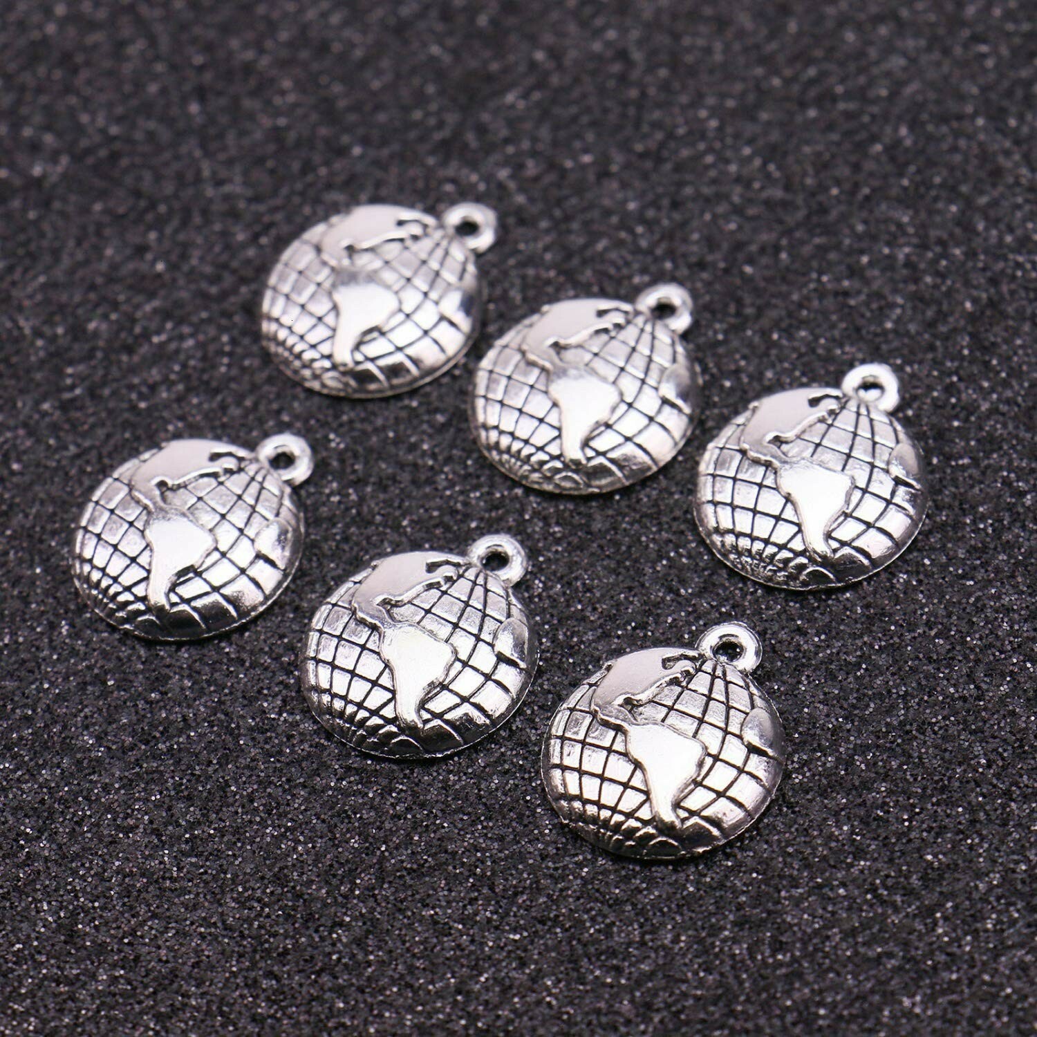 10 Globe Charms World Pendants Antiqued Silver Earth Jewelry Supplies Lot 19mm