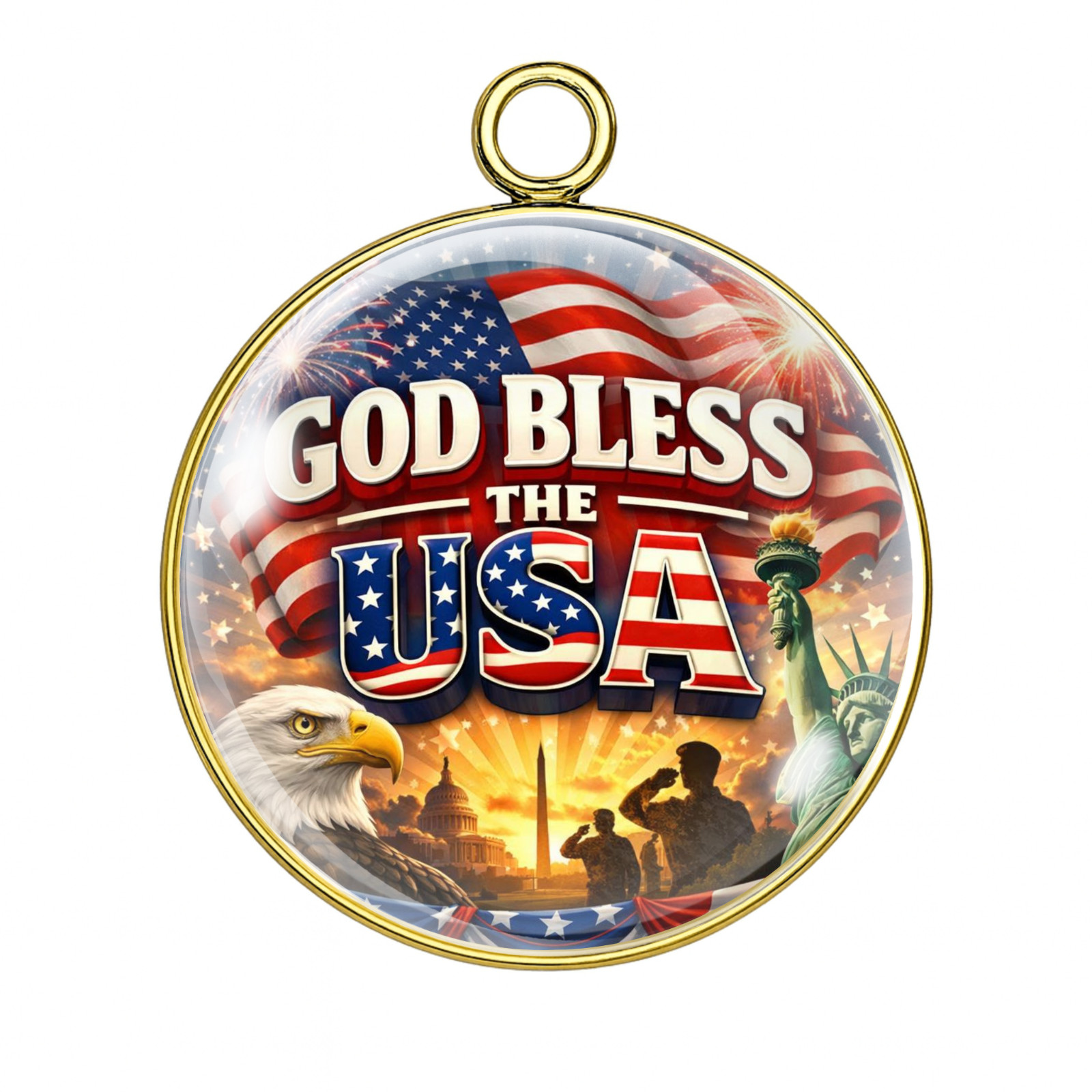 God Bless the USA Glass Cabochon Charm – Patriotic American Eagle & Flag Design