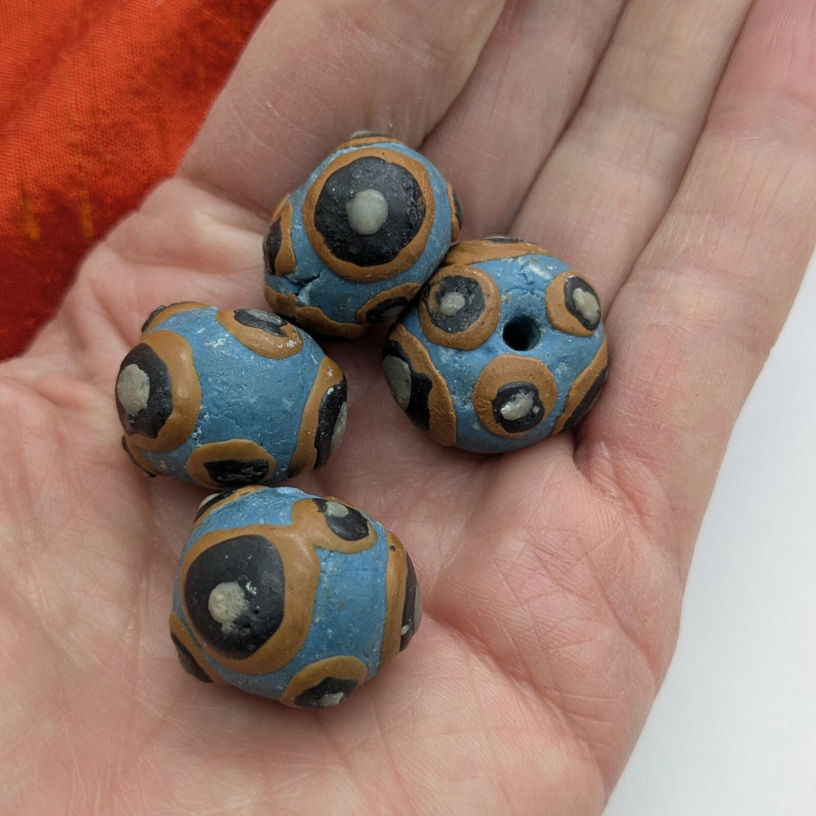 4 Clay Beads Chunky Artisan Made Blue with Circles (18192)