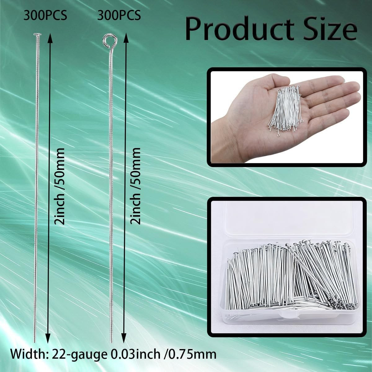 600Pcs 2 Inch Flat Head Pins Eye Pins Mix Jewelry Findings Metal End Headpins fo
