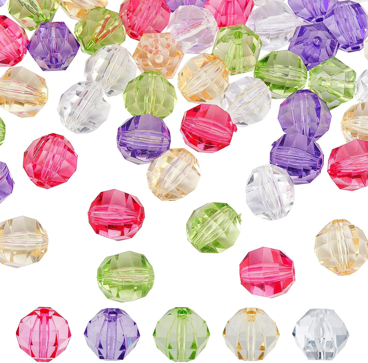 PandaHall 50pcs 20mm Faceted Acrylic Beads, 5 Color Transparent Crystal Spacer L