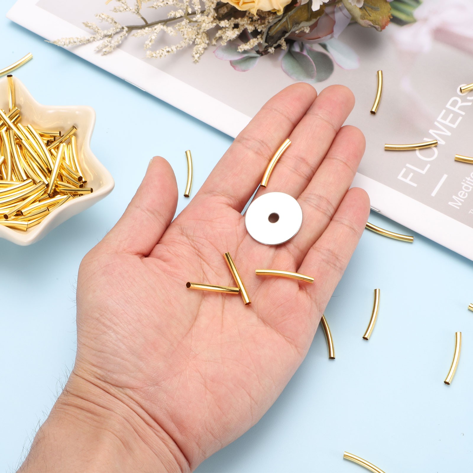 100 Pcs Tube Beads, 3x25mm Curved Noodle Beads for Jewelry Making, Gold