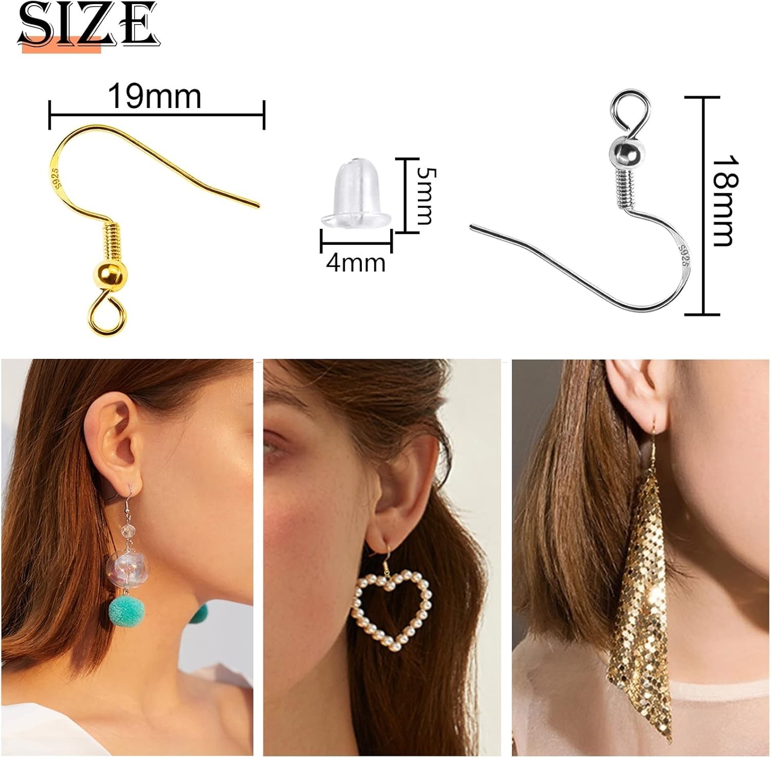 200pcs Hypoallergenic 925 Sterling Silver Earring Hooks with 200 Backs for DIY