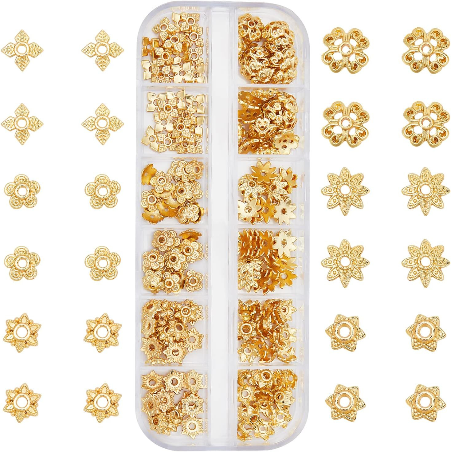 Flower Bead Caps, 180pcs 6 Styles 18K Gold Plated Alloy Filigree End Caps Multi-