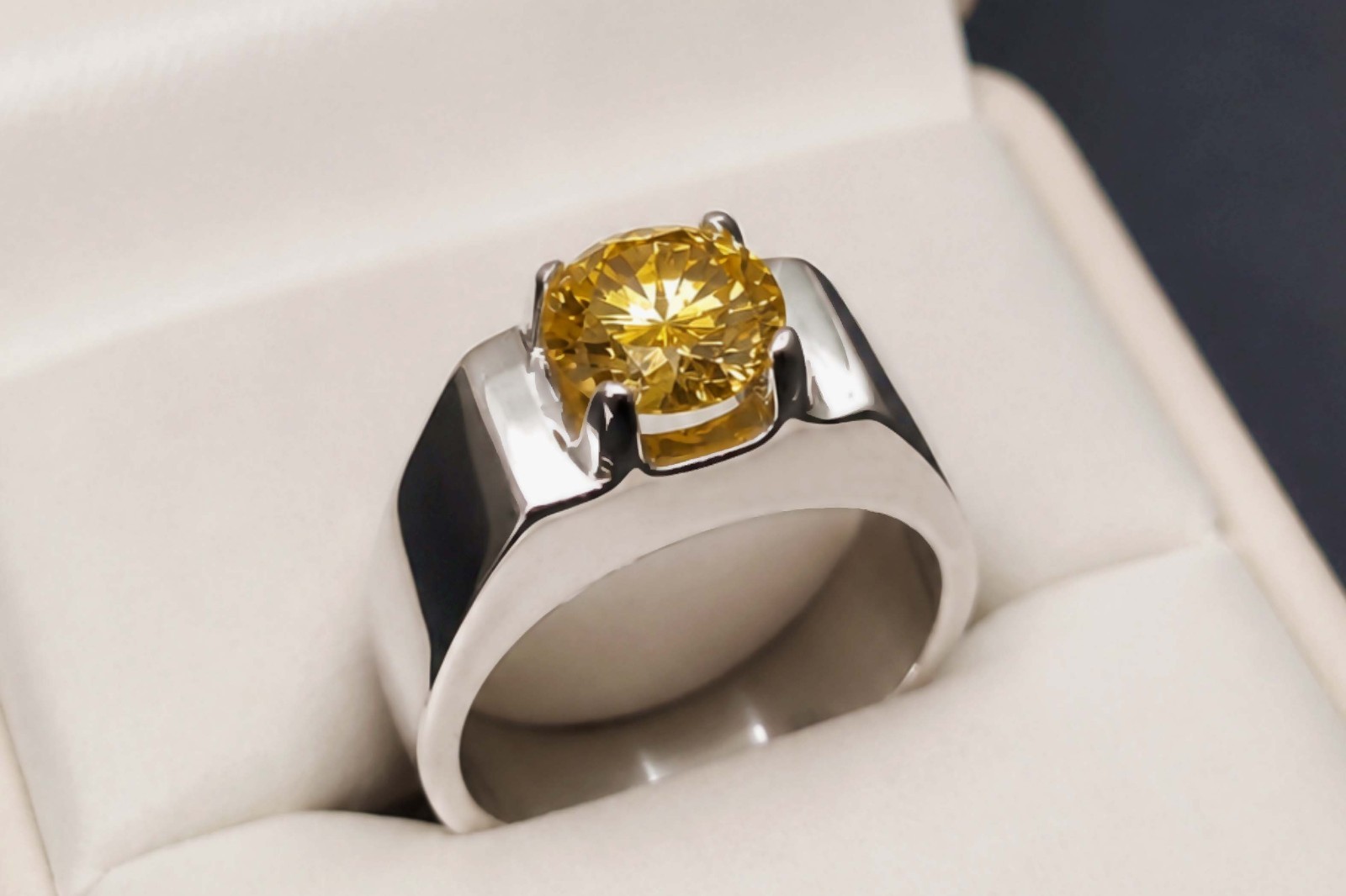 Round Cut 2 Ct Golden Moissanite Diamond 925 Sterling Silver Mens Plain Ring