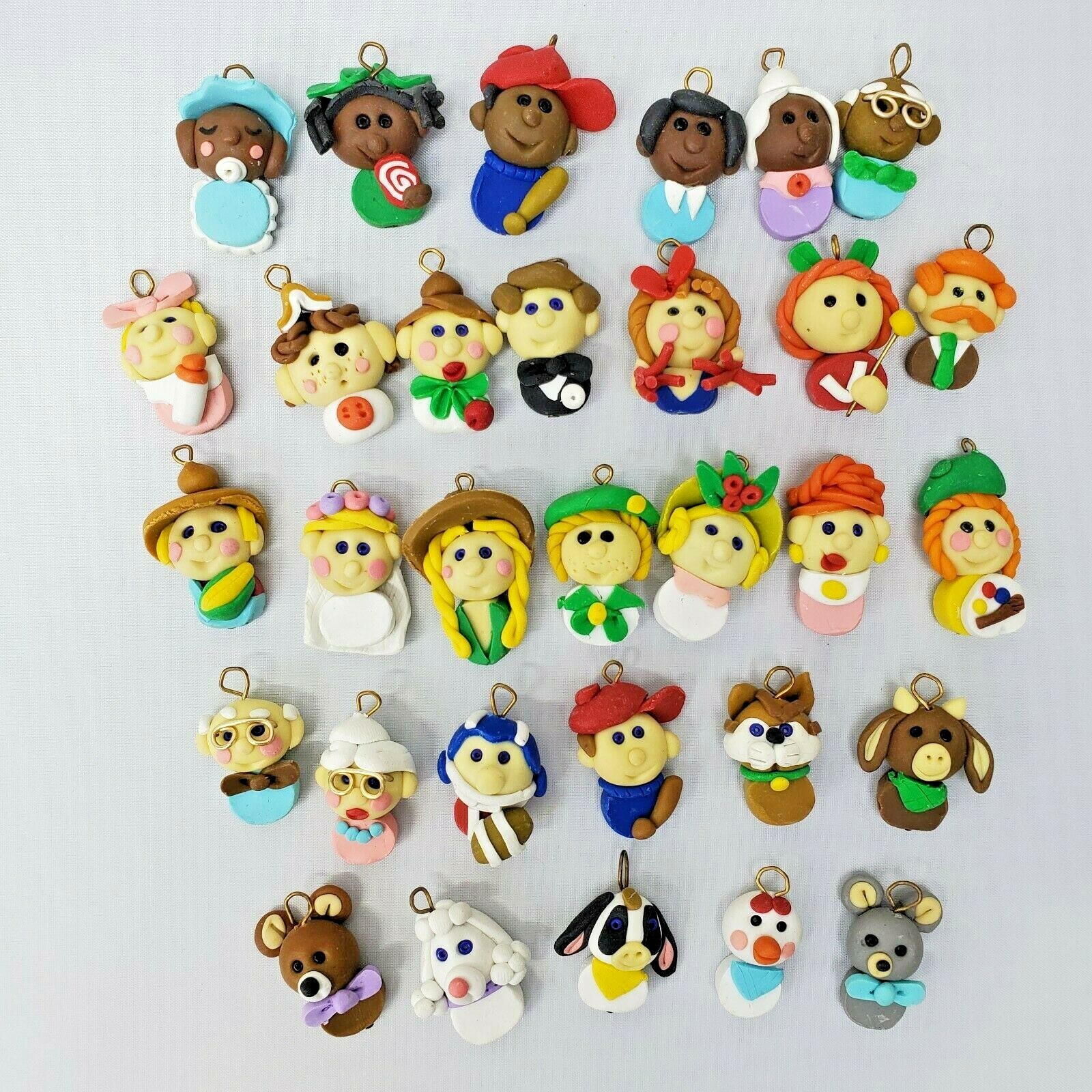 31pc Polymer Clay Charm Pendants Animals People Kids Kawaii 1″ Craft Jewelry Vtg