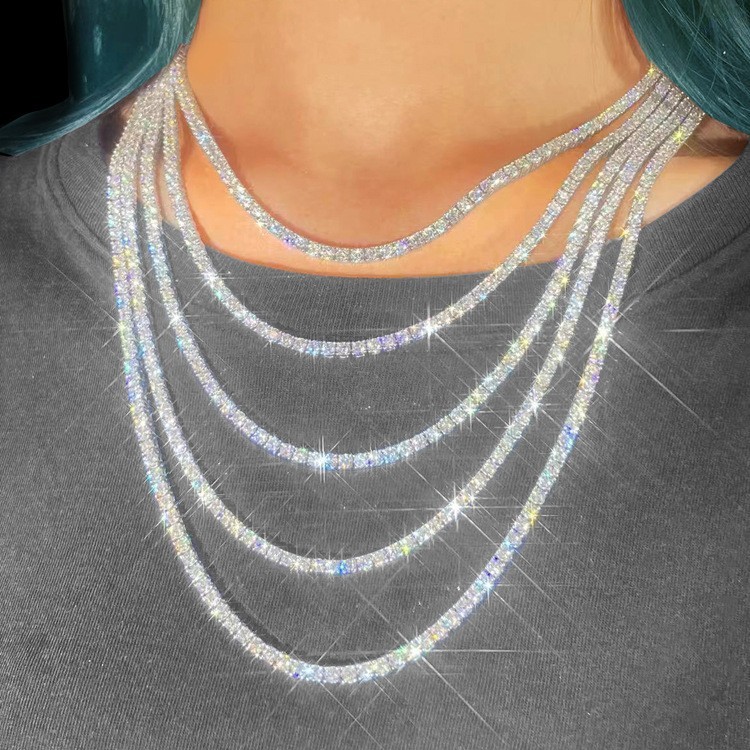 925 Solid Silver Tennis Cuban Chain Moissanite Diamond Necklace 2-6.5 mm Width