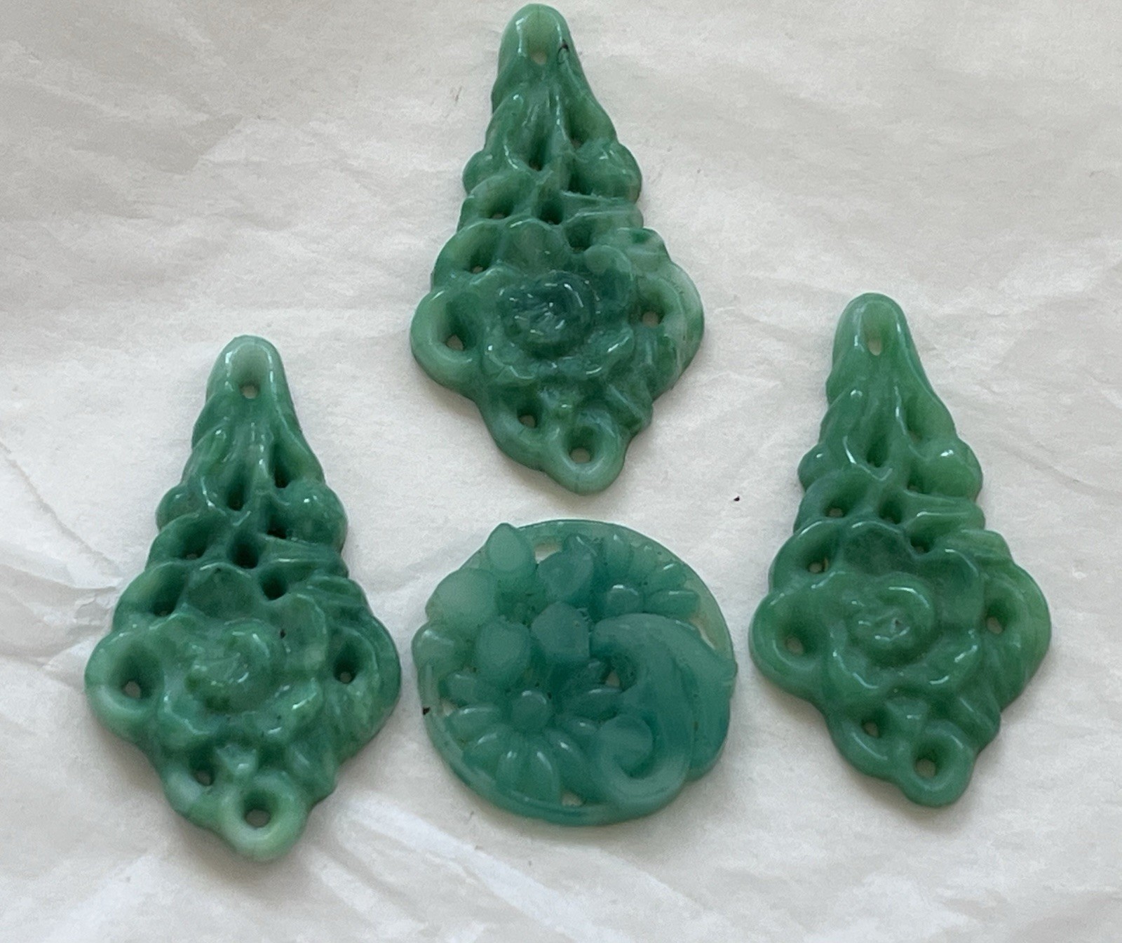 Lot-4 Vintg Green Craved Unknown Green Glass/Resin Flora Pendant Jewelry Making