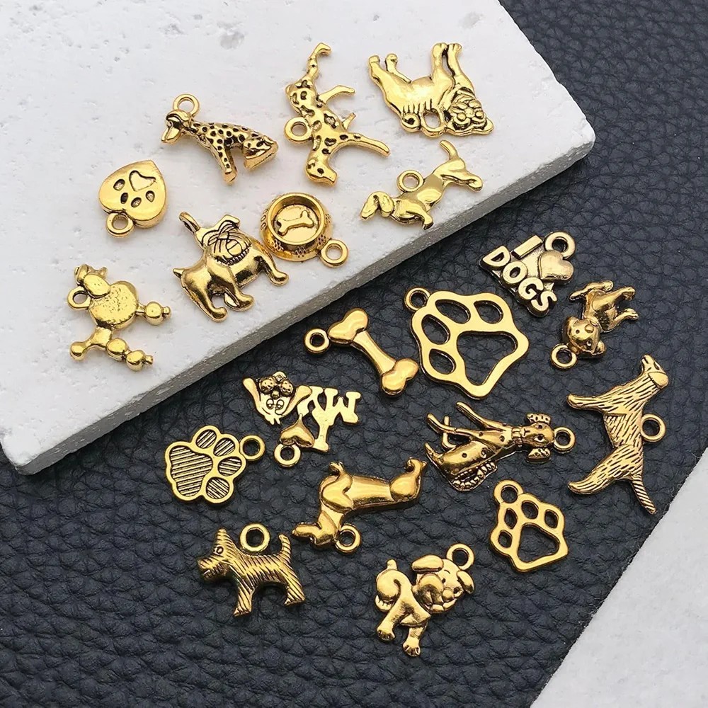 10 Dog Charms Puppy Pendants Assorted Charms Lot Paw Print Antiqued Gold Mix