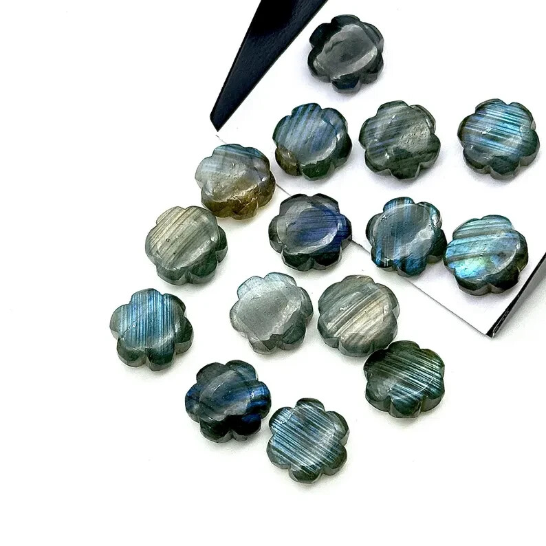 5 Pcs Beautiful Labradorite Carved Flower Shape Carvings Gemstones 10mm