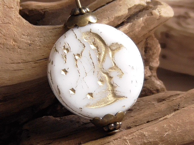 5 – 17mm CZECH OPAQUE WHITE GOLD WASH MOON FACE, STARS, MAN IN THE MOON BEADS