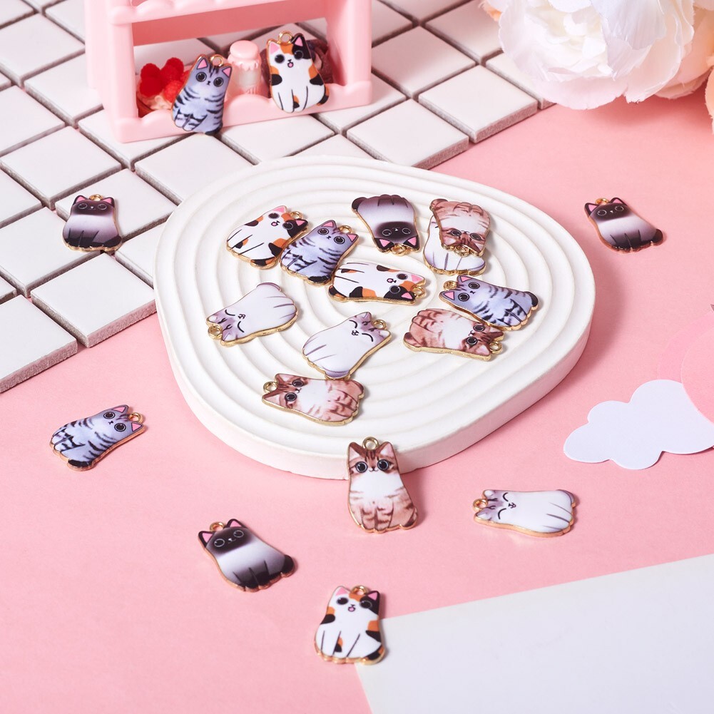 20Pcs Golden Cat Alloy Enamel Pendants Charms For DIY Jewelry Making 25x16x3mm