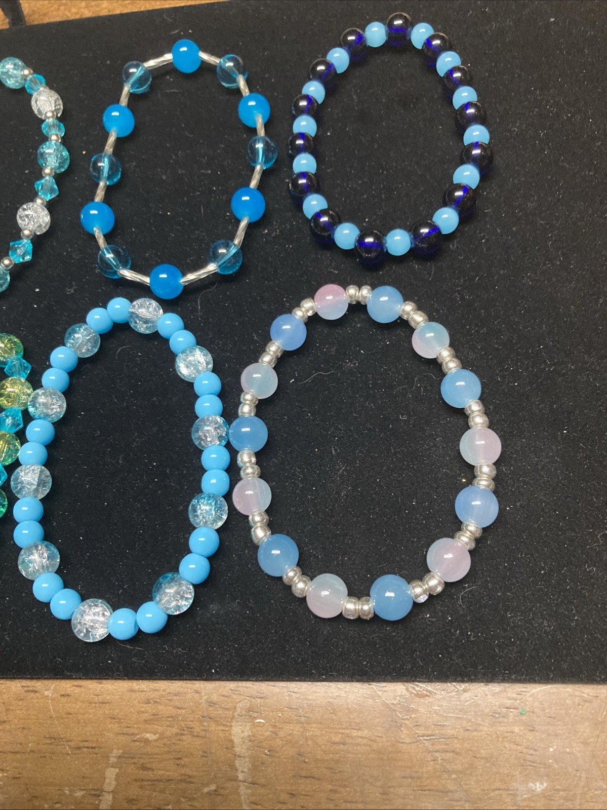 Handmade Glass Beads & Acrylic Bracelets, Lot Of 12 Blue Colors, Stretch Cord.
