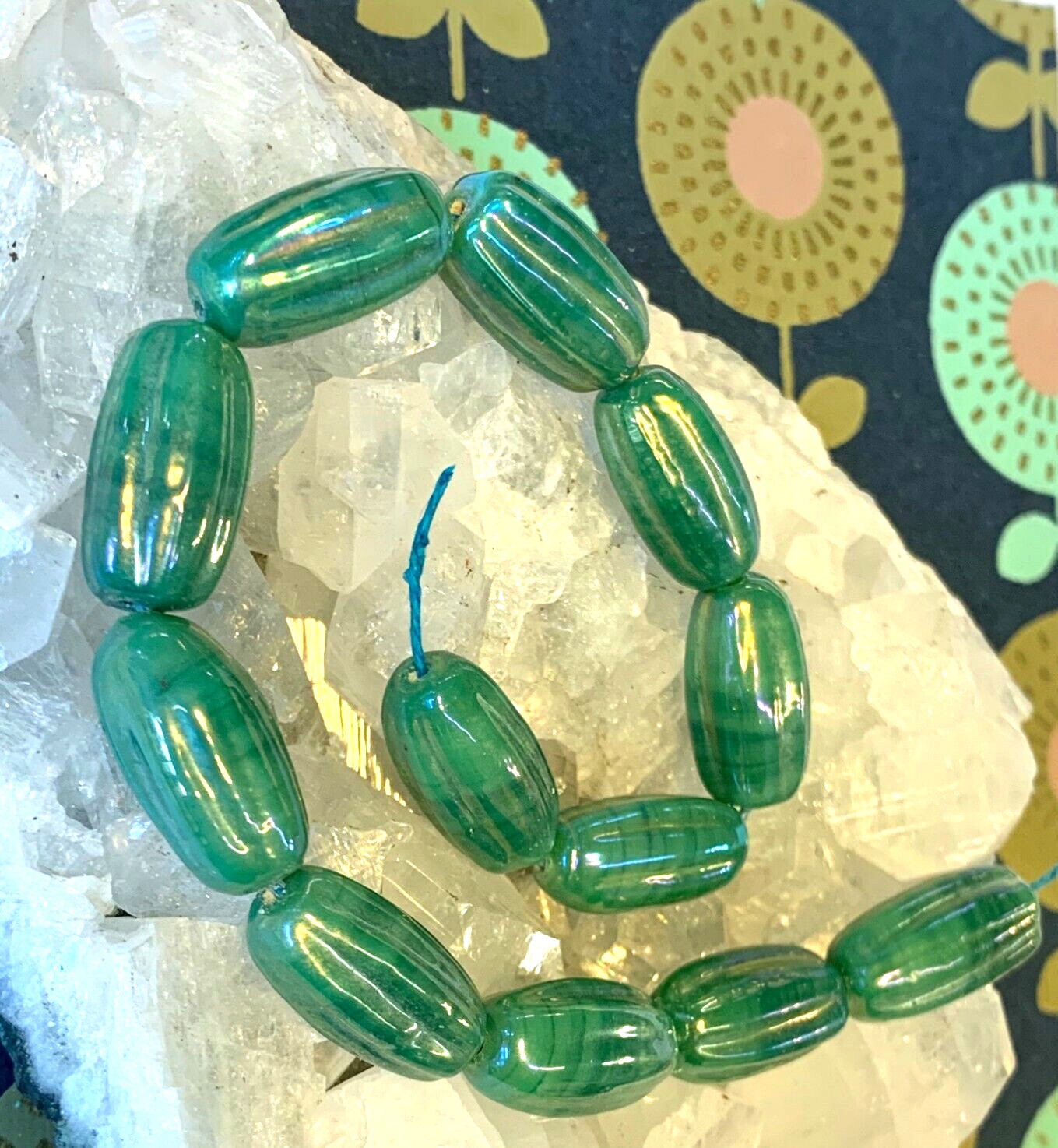 Oil slick beads green teal lustre glass beads 20mm long 12pcs