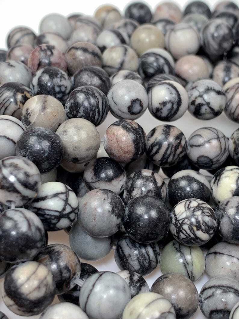 Natural Black Spider Web Stripes Jasper Smooth Round Beads 15.5″ Strand Gemstone