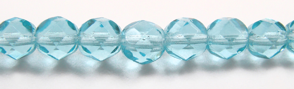 Czech Fire Polished Round Faceted Glass Beads in Aqua color 16” strand, lt.blue