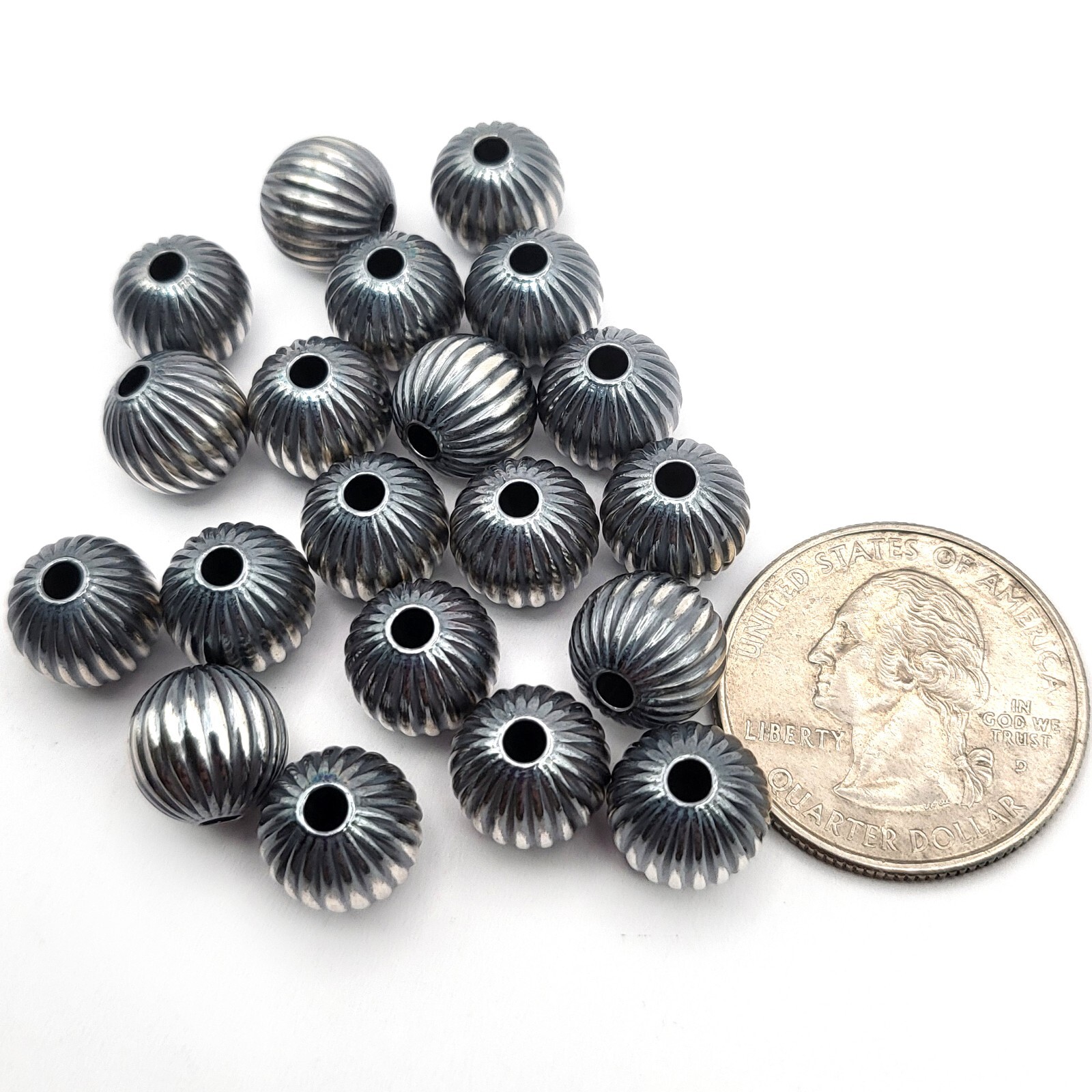Lovely Round Navajo Pearl Real .925 Sterling Silver Corrugated Spacer Beads Ball