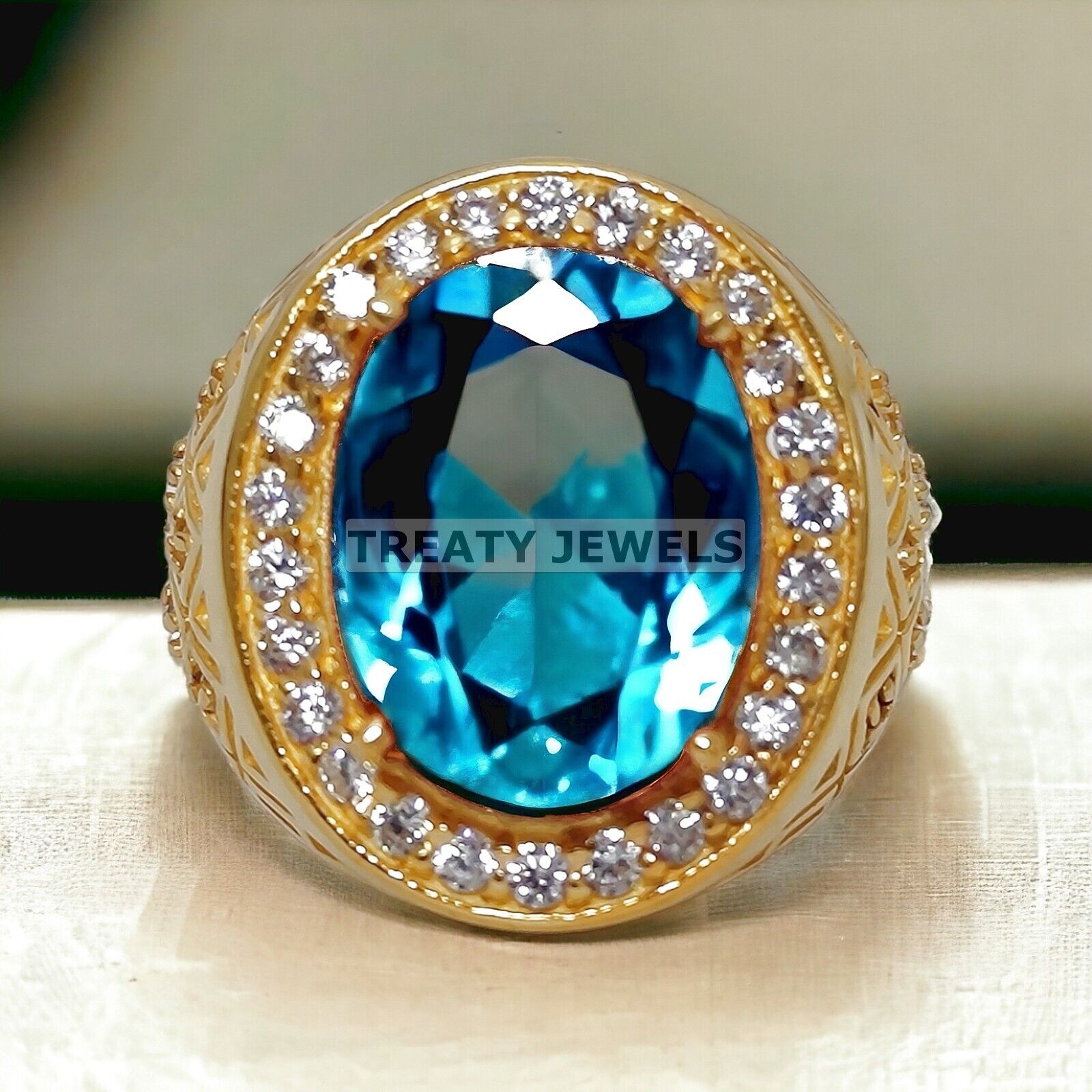Aquamarine Oval Cut With 14k Yellow Gold Ring For Men’s #192 #