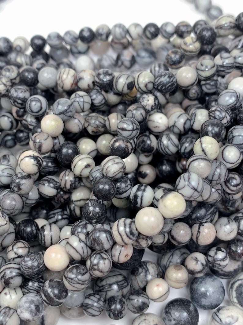 Natural Black Spider Web Stripes Jasper Smooth Round Beads 15.5″ Strand Gemstone