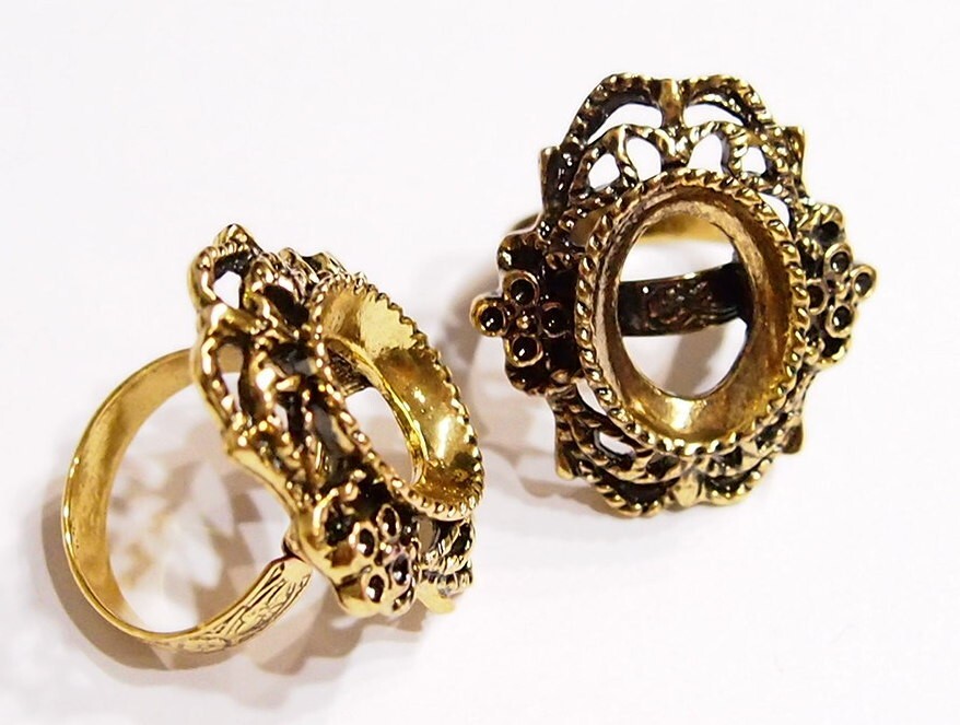 6 of 18x13mm Antique Gold Victorian Deco Lacy Flowers Adjustable Ring Settings