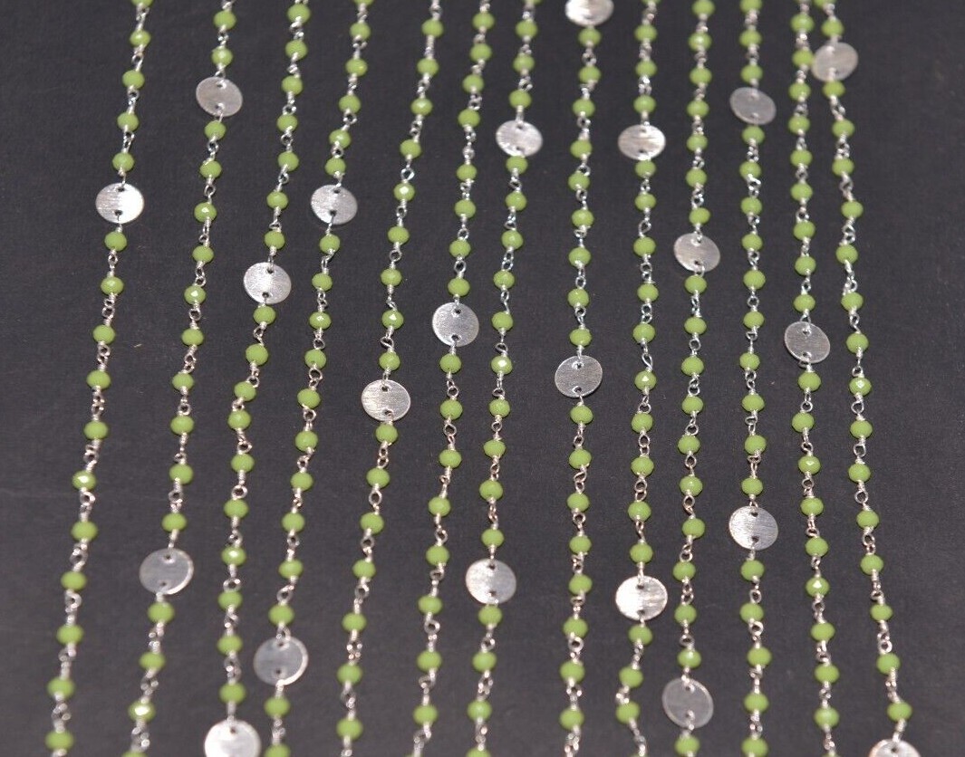 bulk roll jewelry making chain, 3mm peridot beads rosary, silver plated chain