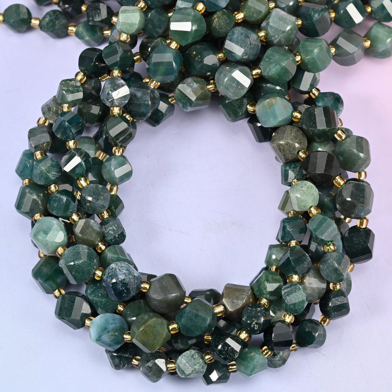 Moss Agate Faceted Spiral Twist Beads: Size 8mm 10mm, Jewelry Making