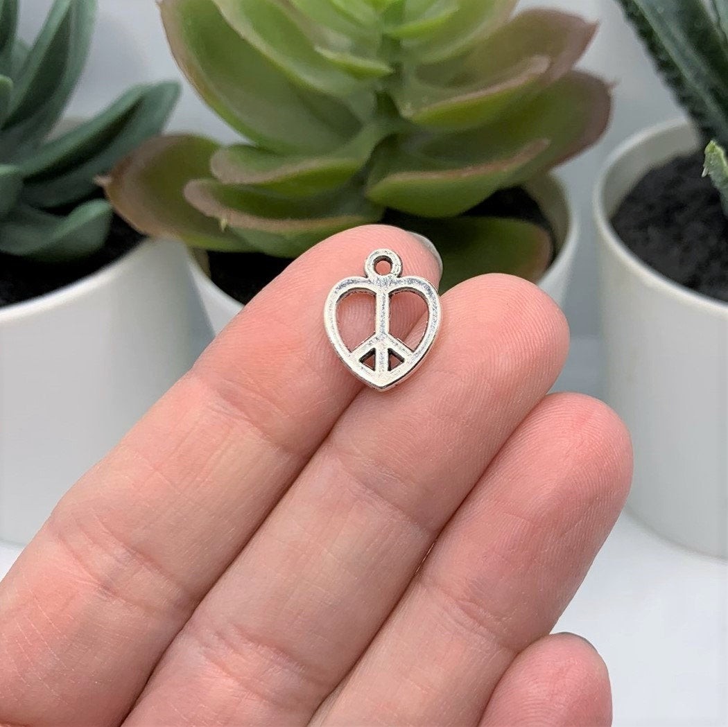 Silver Peace Heart Hippie Charms, 14x11mm – US Seller