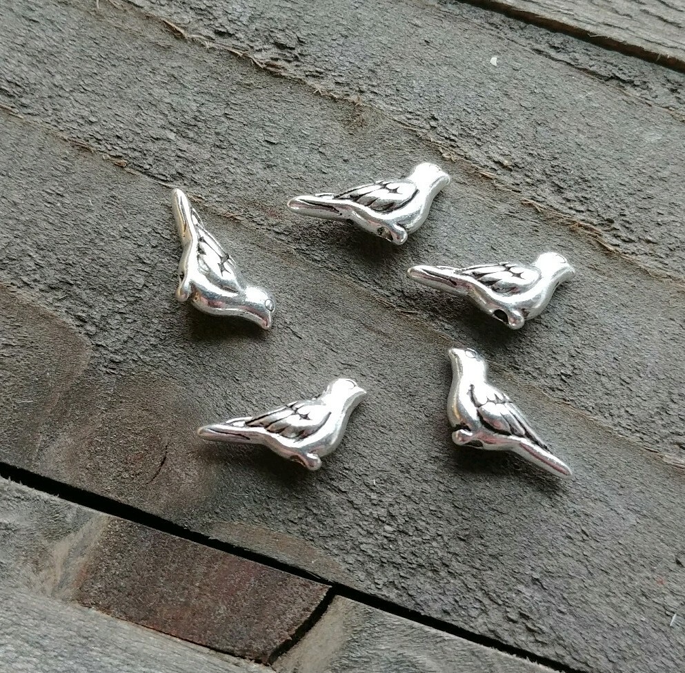 5 Tiny Bird Beads Charms Metal Antiqued Silver 3D 2 Sided Aviary Findings 14mm