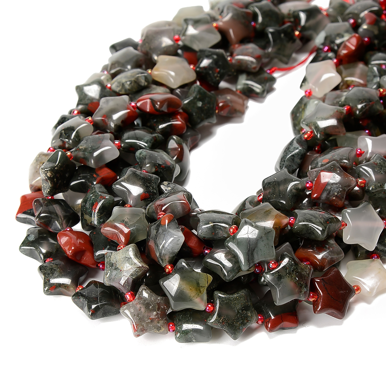 Natural African Bloodstone Five-Pointed Star Beads Size 15mm 15.5” Strand