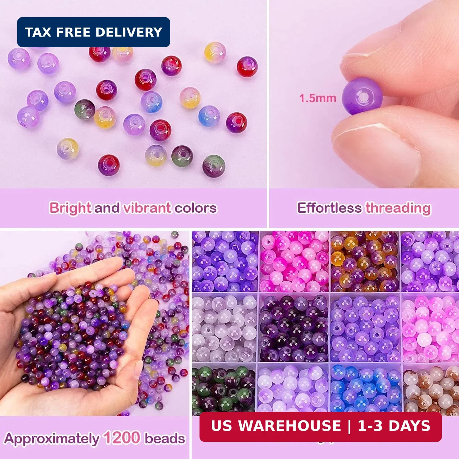 About 1200+ pcs 6mm Glass Beads Bracelet Making Kit, 24 Assorted Purple B