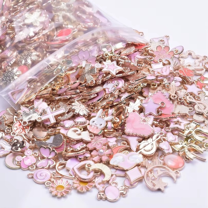 50PCS Girl Pink Drip Oil Charms Mixed Animal Heart Flower Moon DIY Jewelry