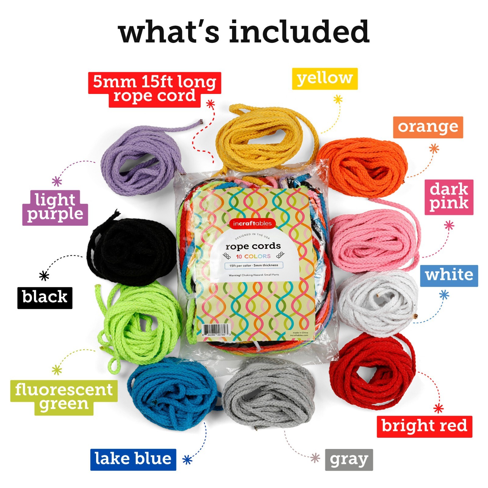 Incraftables 5mm Rope Cord (10 Colors). Best Cotton Macrame Cord 15ft per Color