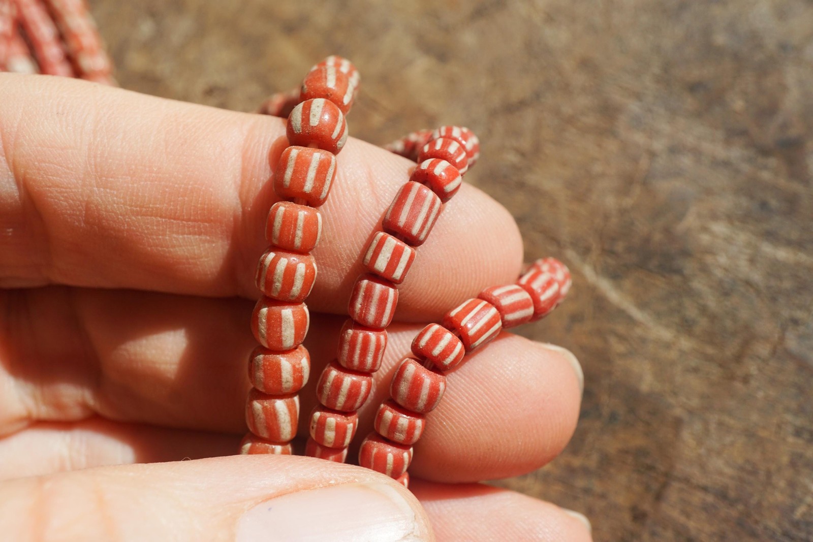 Artisan Made Java Glass Beads: Orange Red with White Stripes (5-6mm), 2898A378