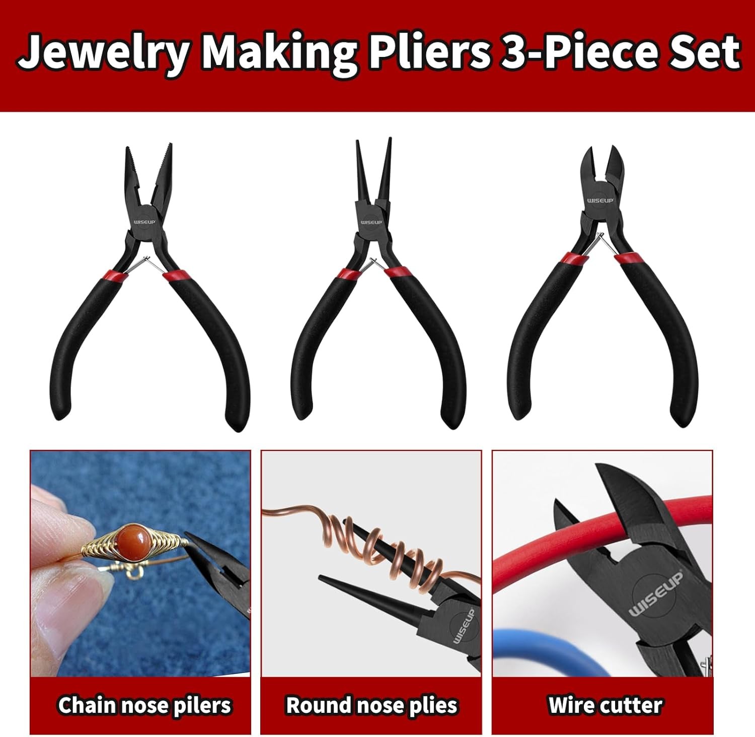 3 Pcs Jewelry Pliers Set – Needle/Chain Nose, Round Nose and Wire Cutters