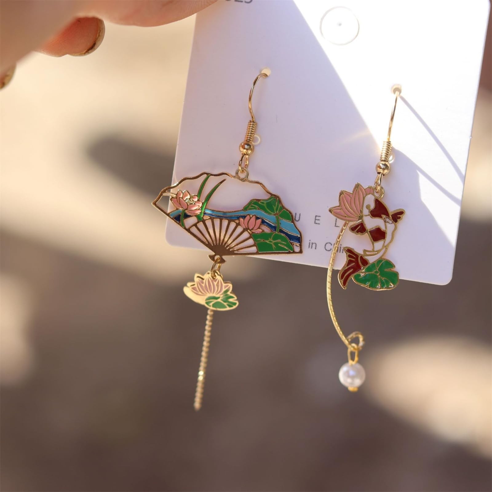 Chinese Style Fan Earrings Cute Handmade Retro Ethnic Hollow Asymmetric Sec – 01